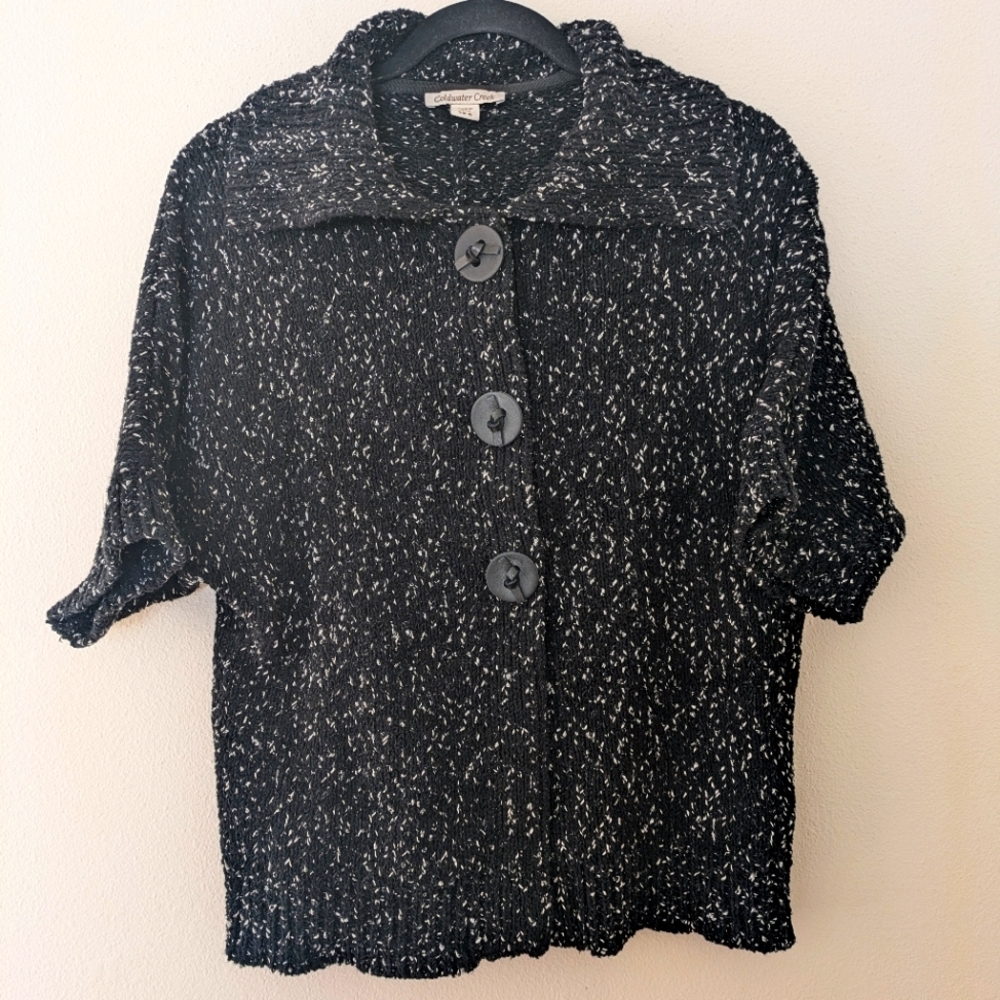 Coldwater Creek Black/White Chunky Knit Boxy Cardigan Oversized Buttons sz S